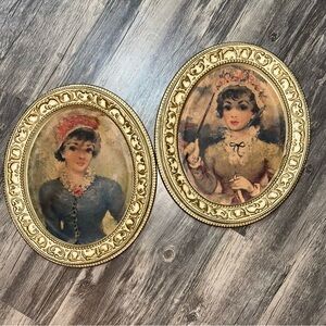 Vintage Victorian Style Oval Portrait Wall Art Set of 2 Gold Ornate Frames 12”